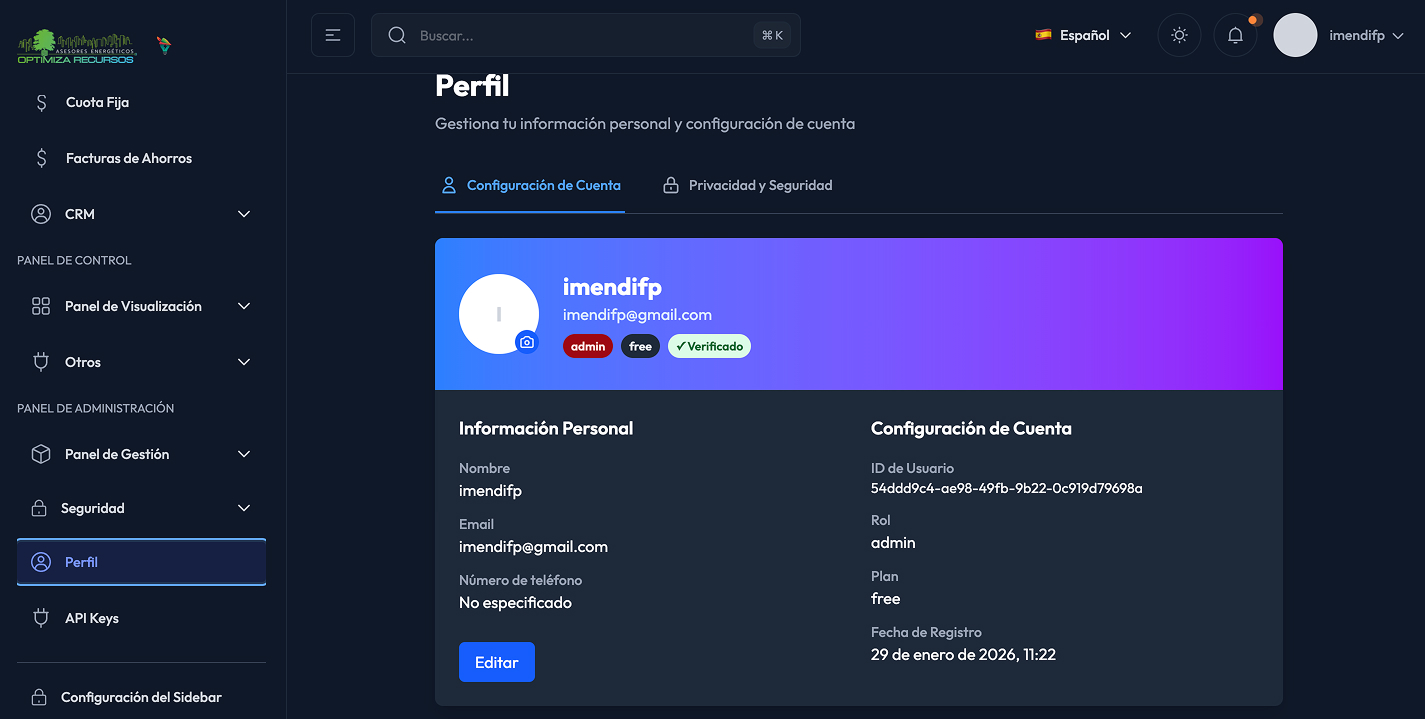OptiDashboard despues del rediseno, con barra lateral agrupada y buscador global